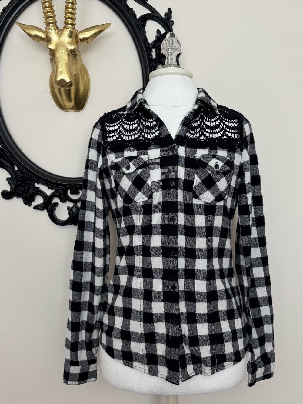 White Crow Black & White Plaid Button-Up Shirt with Crochet Yoke